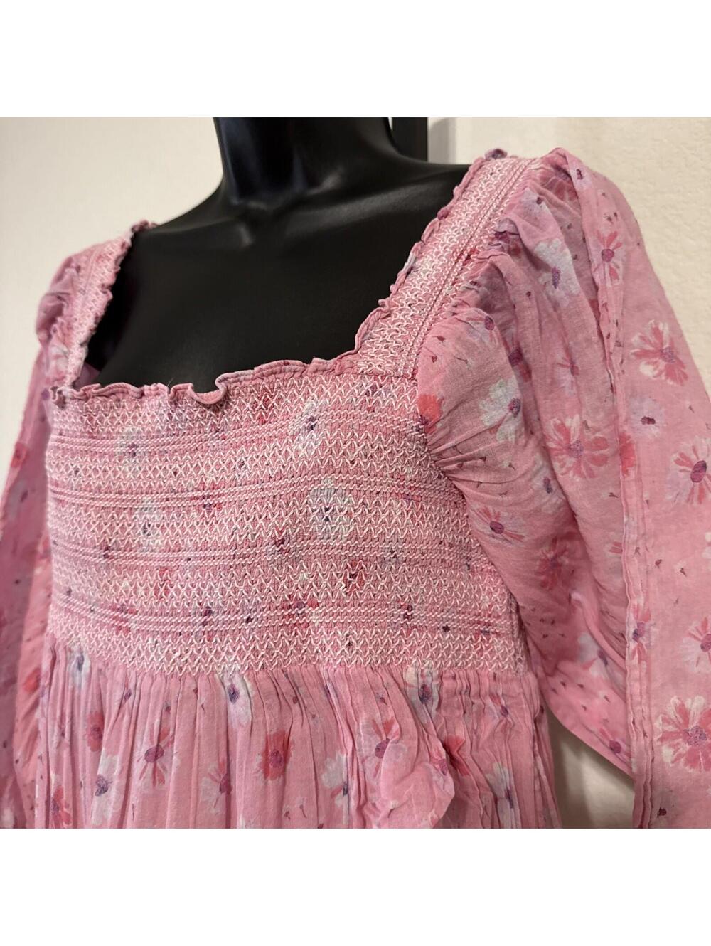 $475 LoveShackFancy Pink "Miri" Dress w/ Square Smocked Bodice Ruffle Hem - LRG - Picture 6 of 11